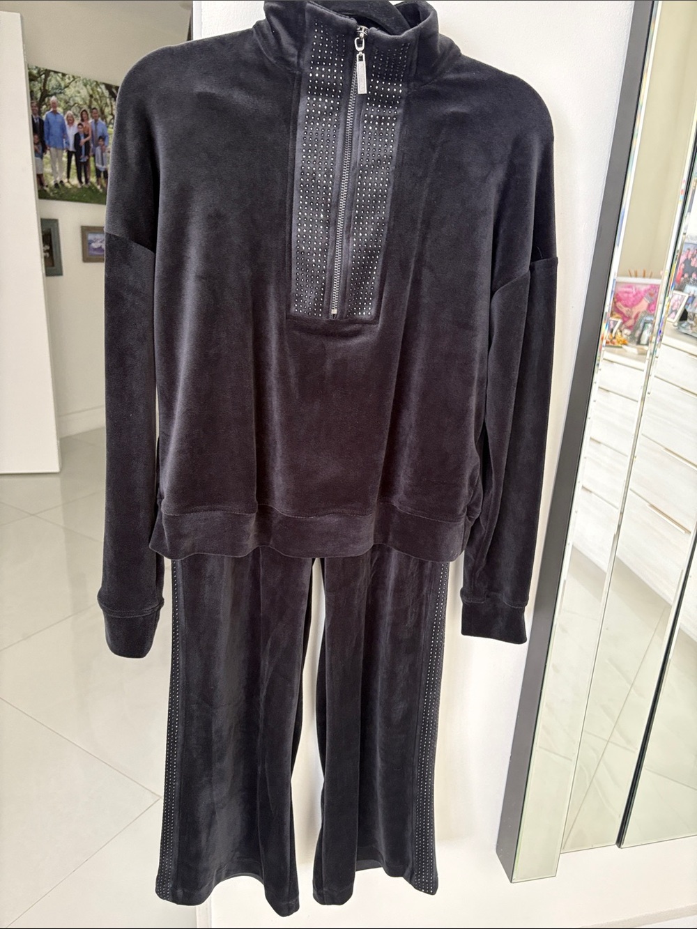 Cable & Gauge Black Velour Studded Quarter‑Zip Sweatsuit